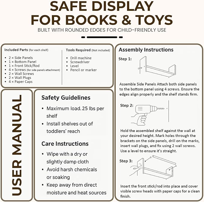 rahima Nursery Bookshelf Set of 2 – 16” Handcrafted Wooden Floating Shelves for Nursery Wall, Baby Book Shelf for Nursery, Nursery Floating Shelves with Support Rod