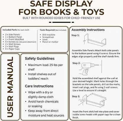 rahima Nursery Bookshelf Set of 2 – 16” Handcrafted Wooden Floating Shelves for Nursery Wall, Baby Book Shelf for Nursery, Nursery Floating Shelves with Support Rod