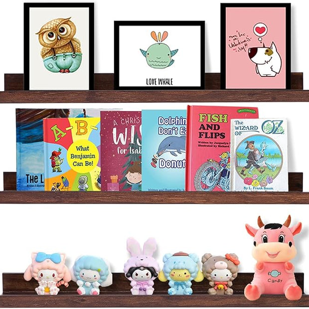 AZSKY Walnut Floating Shelves 24 Inch Picture Ledge Shelf for Wall Photo Shelves with Lip for Pictures Nursery Room Bookshelf Wood Wall Shelves Set of 3 for Bedroom Living Room Bathroom Kitchen