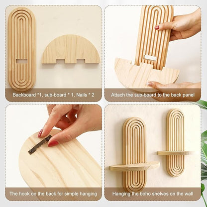2 Pack Boho Shelf Wall Decor - Handmade Solid Wood Floating Shelves Rainbow Arch Trinket Storage Rack Wall Decor for Bedroom Living Room Nursery Bathroom