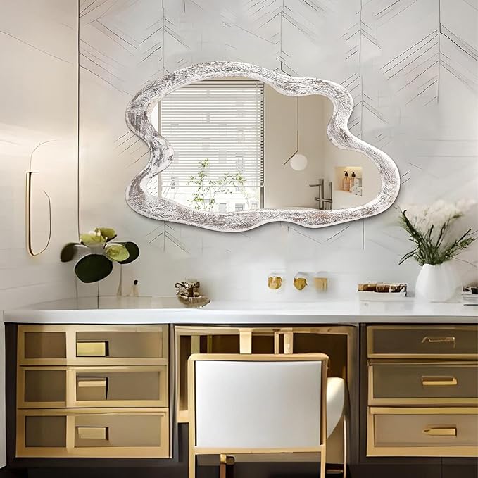 AAZZKANG Irregular Wall Mirror Wooden Large Asymmetrical 24"x16" Decorative Hanging Mirrors for Bedroom Dressing Room Living Room Bathroom Entryway White
