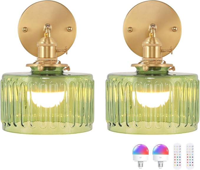 Vintage Battery Operated Wall Sconce with Green Striped Glass Lampshade 5000 mAh Rechargeable Battery Powered Wall Light with Remote Control for Bedside Bedroom Doorway, Set of 2
