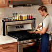 Over the Stove Shelf, Bamboo Stove Top Spice Rack for Kitchen,Wooden Stove Shelf for Back of Stove, Non-slip Countertop Seasoning Organizer with 6 hooks,Easy to Assemble 33.5*4.5*13.4” Black
