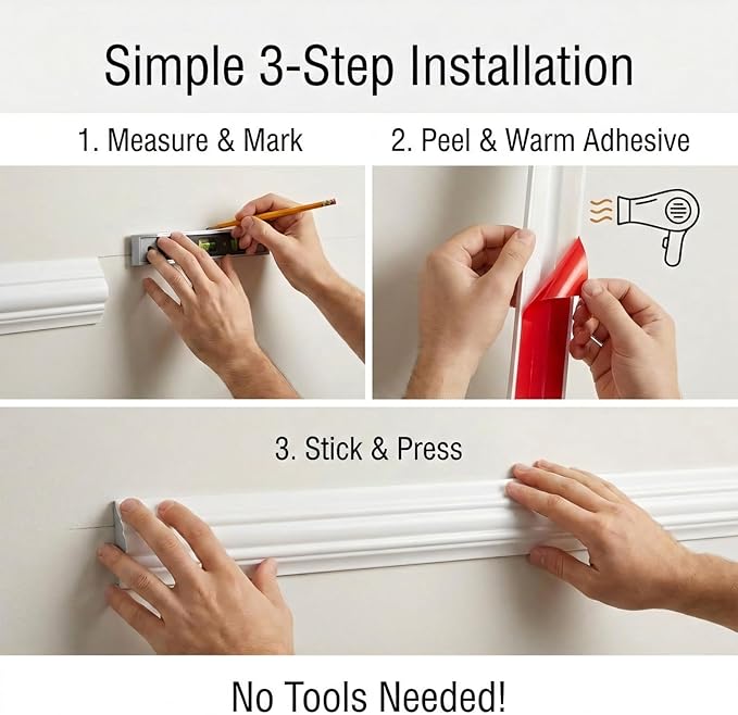 Peel and Stick Wall Molding Kit, 55"x16.5" Pre-Cut Wainscoting Panels, Ready-to-Assemble Self-Adhesive Walltrim for Living Room Bedroom Accent Wall Décor, Paintable & Lightweight Polystyrene