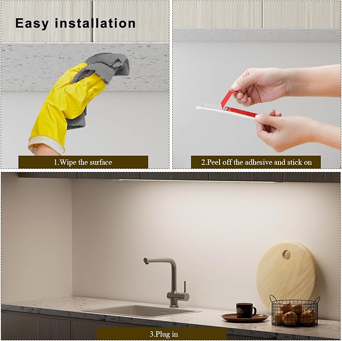 Under Cabinet Lights Plug in Cuttable 40 Inch Hand-Wave Ultra-Bright 1090lm 3-Color Flexible Silicone Slim Stick on Undercabinet LED Light Strip for Kitchen Counter / Sink, Under Shelf & Desk Lighting