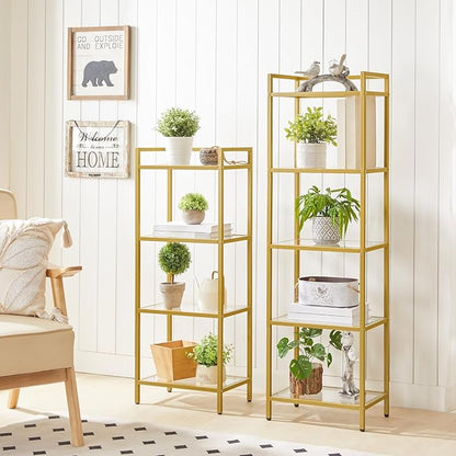 HOOBRO 5-Tier Gold Shelf, Narrow Book Shelf, Display Cabinet with Glass Bookcase, Corner Shelf Storage for Small Spaces, for Home Office, Living Room, Bedroom, Gold GD45SJ01