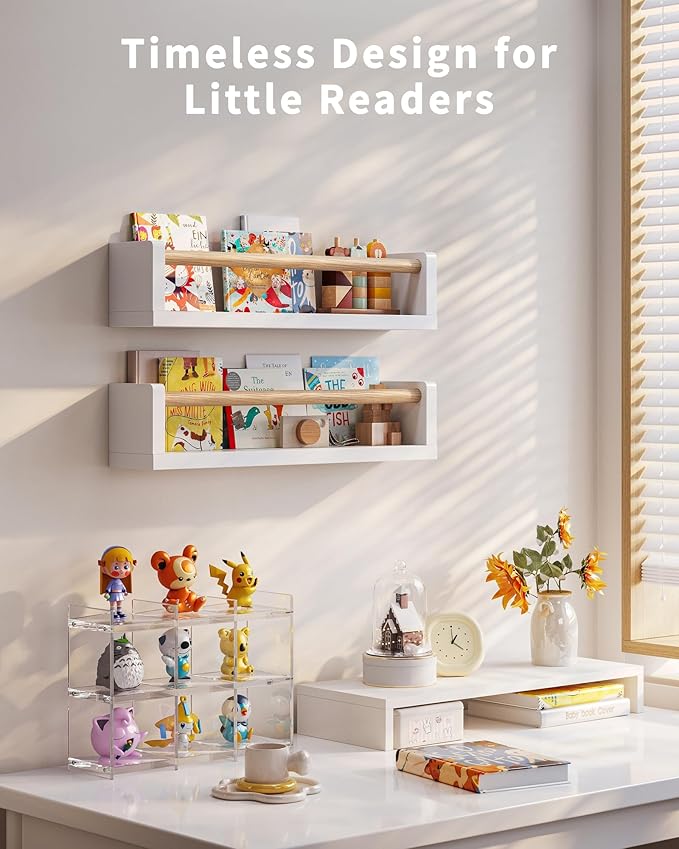 Nursery Book Shelves, 4 Pack, Wall Book Shelves for Kids Room, Baby, Toddler, Nursery Decor (White Wood, 16.6 Inches)