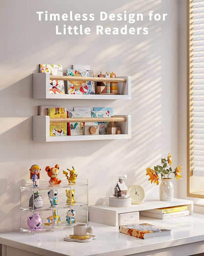 Nursery Book Shelves, 4 Pack, Wall Book Shelves for Kids Room, Baby, Toddler, Nursery Decor (White Wood, 16.6 Inches)