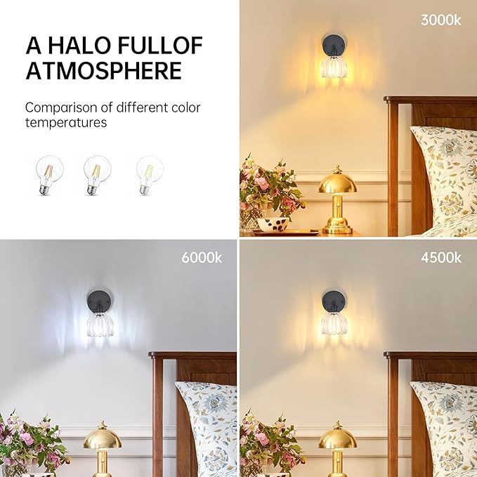 Vintage Wall Sconce with Transparent Tulip Glass Lampshade 180 Degree Adjustable Black Sconce Hradwired Modern Wall Lighting Fixture with Switch for Bedside Bedroom Doorway