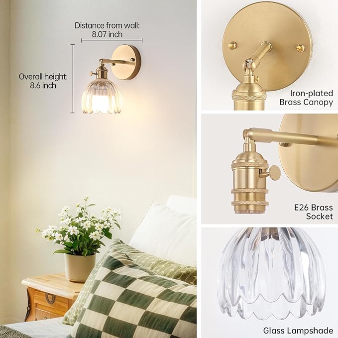 Vintage Battery Operated Wall Sconce with Transparent Tulip Glass Lampshade Rechargeable Battery Powered Wall Light with Remote Control for Bedside Bedroom Doorway