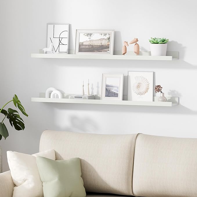 upsimples Floating Shelves for Wall, 35.5 Inch Shelves for Decor Storage Set of 6, Wall Mounted Wood Shelf for Bedroom, Living Room, Bathroom, Kitchen, Long Picture Ledge Shelves, White