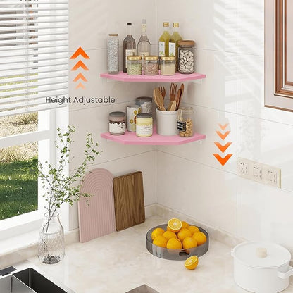 Homode Corner Floating Shelves, Corner Wall Shelf with Cord Hole, 2 Tier Wood Hanging Corner Shelf for Bathroom, Bedroom, Living Room, Pink