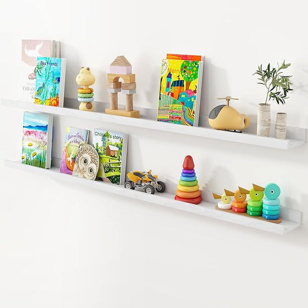 Axeman Oak Picture Ledge Shelf, 55 Inch Floating Shelves Set of 2, Solid Oak Wood Wall Shelves with Lip, Wall Decor Storage for Bedroom Living Room Bathroom Kitchen Nursery Photo Picture, White