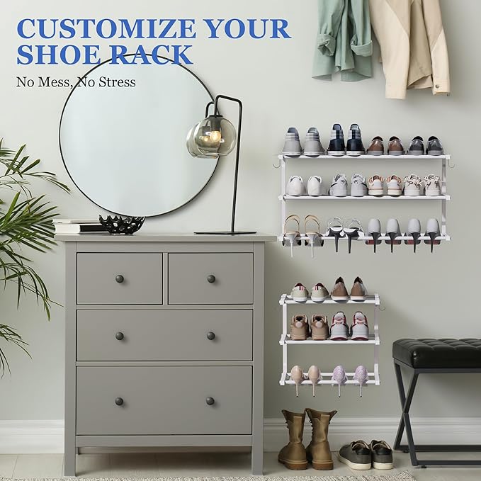 4 Pack Wall Mounted Shoe Rack, 3 Tier Hanging Shoe Rack Holds 48 Pairs, 17"-30"Adjustable Heavy Duty Metal Shoe Organizer Holder with 8 Storage Hooks, Space Saving for Closet Entryway Doorway（White)