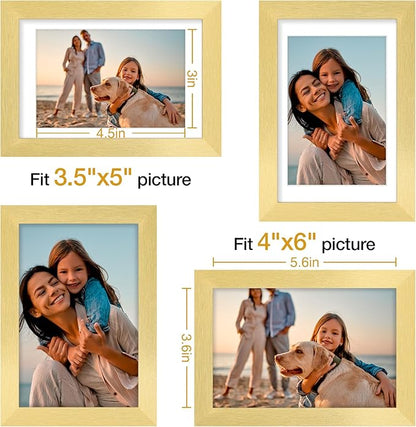 Vittanly 4x6 Picture Frames Set of 4, Display Pictures 3.5x5 with Mat or 4x6 without Mat, Small Photo Frames for Wall or Tabletop Display, Engineered Wood with Shatter Resistant Plexiglass, Gold