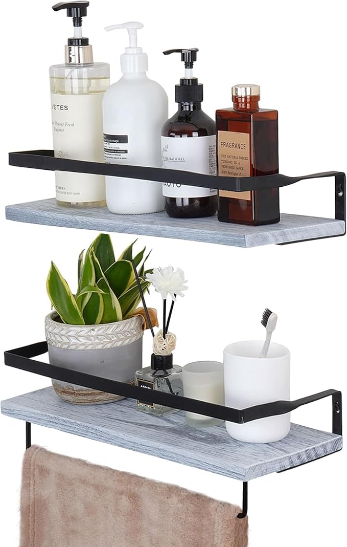 Elevon Floating Shelves for Bathroom Organizer Over Toilet, Bathroom Shelves Wall Mounted with Towel Rack, Corner Wall Shelf for Bedroom Decor Kitchen Storage (White, Set of 2)