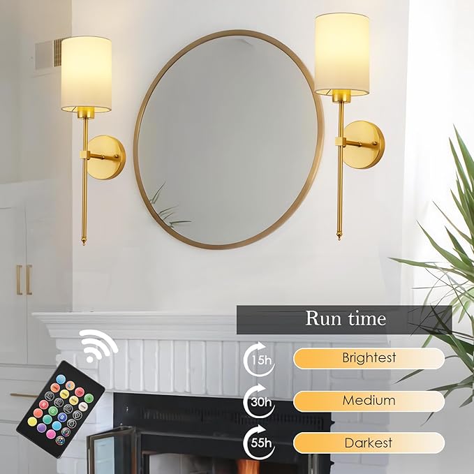 Battery Operated Wall Sconces Set of Two,Wireless Rechargeable Wall Light With Remote Control, Dimmable, Amber Light/Warm White/Natural White/Daylight/RGB, Timer,for Living Room,Bedroom,Entryway,Gold