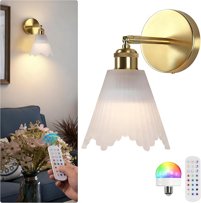Vintage Battery Operated Wall Sconce with Milky Crystal Grid Glass Lampshade Rechargeable Battery Powered Wall Light with Remote Control for Bedside Bedroom Bathroom, Set of 1
