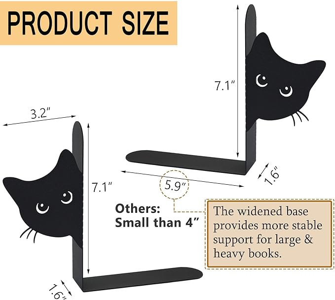 Bookends Metal Cat Book Ends, 1 Pairs Cute Bookends for Shelves Decorative for Home Office Desk Bookshelf Decor (Black, Full-face)
