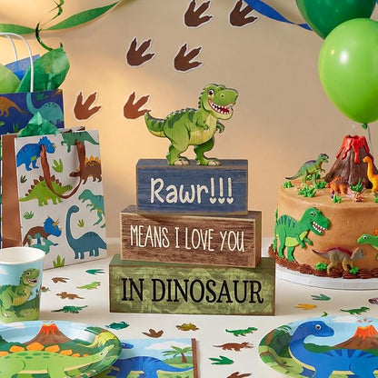 4 Pcs Dinosaur Table Decorations Wooden Dinosaur Decor Dino Safari Party Centerpieces for Table Jungle Animal Theme Baby Shower Tabletop Stand for Boys Girls Birthday Party Decorations