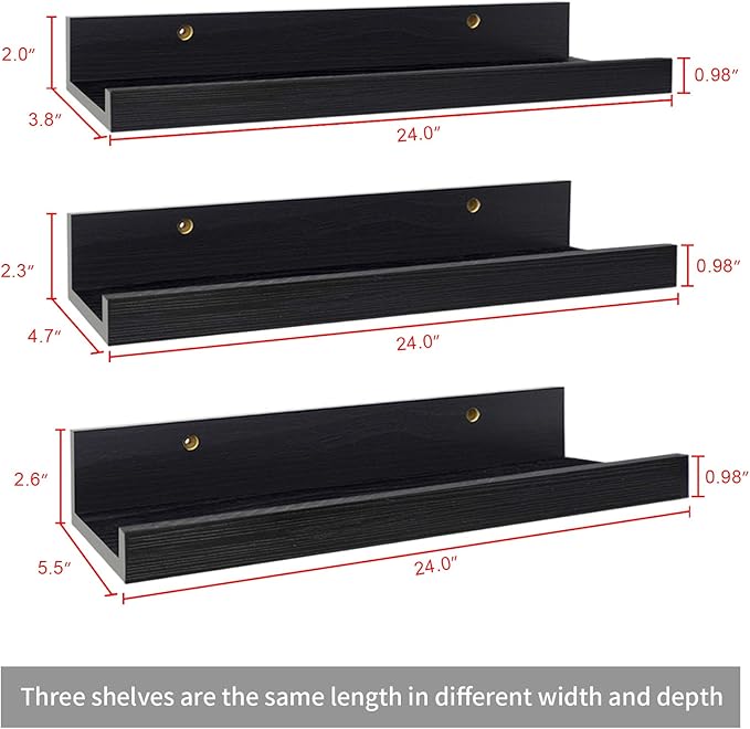 Lavezee 24 Inch Black Wall Mounted Floating Shelves Set of 3, Picture Shelving Ledge for Kitchen, Living Room, Bedroom, Office