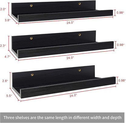 Lavezee 24 Inch Black Wall Mounted Floating Shelves Set of 3, Picture Shelving Ledge for Kitchen, Living Room, Bedroom, Office