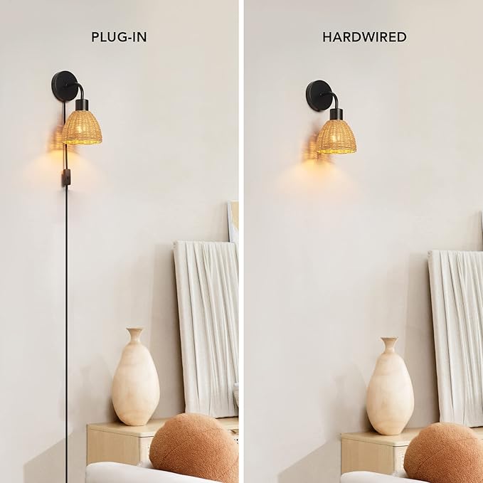 Globe Electric 65933 1-Light Plug-in or Hardwire Wall Sconce, Matte Black, Rattan Shade, 6ft Black Braided Fabric Designer Cord, in-Line On/Off Rocker Switch