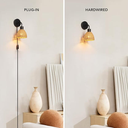 Globe Electric 65933 1-Light Plug-in or Hardwire Wall Sconce, Matte Black, Rattan Shade, 6ft Black Braided Fabric Designer Cord, in-Line On/Off Rocker Switch