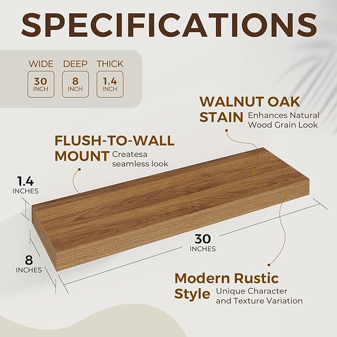 Dreamland 30 Inches Floating Shelves for Wall,8 Inch Deep Floating Shelves Set of 2, Large Display & Storage Shelf, Wall Shelf for Bathroom Bedroom Living Room Kitchen Office,Walnut