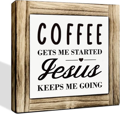 Coffee Gets Me Started Sign, Coffee Decor, Box Sign Wood Desk Sign Decor, Coffee Wood Sign, Funny Coffee Decor Sign, Religious Coffee Decor, Home Kitchen Decor, Coffee Bar Sign, Coffee Lover Gift