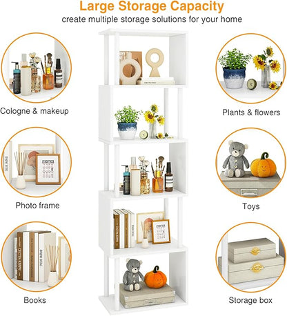IBUYKE 6-Tier Tall Bookshelf,S-Shaped Geometric Bookcase, Wood Display Shelves with Storage,Modern Bookshelf for Living Room Bedroom, Home Office, White WBC016W