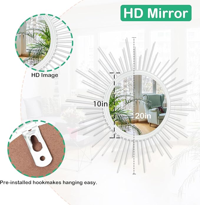 Sunburst Spoked White Large Wall Mirror Boho Home Circle Art Mirror Modern Metal Mirror for Wall Decorative Bathroom Bedroom Vanity Hallway Balcony Living room Entryway 20