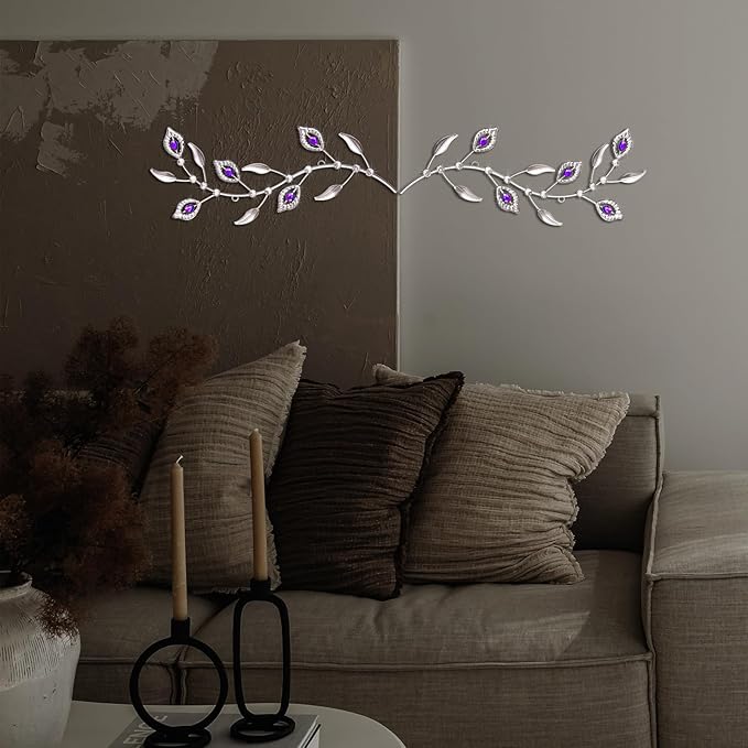 sxnzequnze 2 Pcs Metal Leaf Wall Art Crystal Bling Decorations Silver Leaves 3D Iron Handmade Home Decor Hanging Minimalist Accents Modern Set for Living Room Bathroom Bedroom Dining Room Hallway