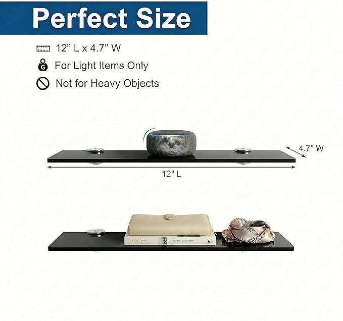 iobiotio Small Shelves, Mini Acrylic Floating Shelf, Display Ledge Plastic Wall Shelves for Figures Plants Accessory, 12 x 4 inch Floating Shelf, Black, 2 Pcs