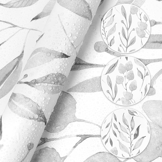 WENMER Gray Leaf Wallpaper Floral Peel and Stick Wallpaper 17.7" x 1181" Self Adhesive Watercolor Leaves Wall Paper Removable Floral Contact Paper for Cabinets Wall Decor