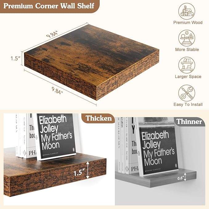 Olakee Corner Floating Shelf Set of 4, 9.84’’ Rustic Wood Wall Mounted Corner Shelf for Bathroom, Bedroom, Kitchen, Living Room, Farmhouse, Office-Heavy Duty Floating Shelves – Carbonized Black