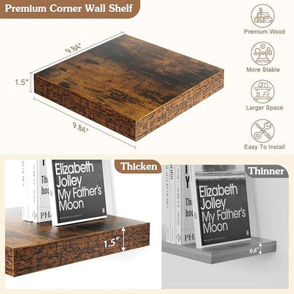 Olakee Corner Floating Shelf Set of 4, 9.84’’ Rustic Wood Wall Mounted Corner Shelf for Bathroom, Bedroom, Kitchen, Living Room, Farmhouse, Office-Heavy Duty Floating Shelves – Carbonized Black
