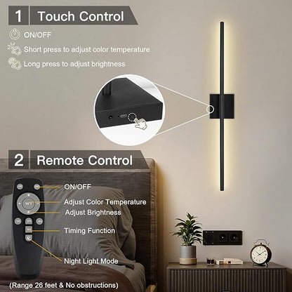 Battery Operated Wall Sconces Set of Two - Wireless Rechargeable Wall Light with Remote - Black LED Wall Lamp Dimmable Modern Home Decor for Bedroom Living Room 31.5 Inch (2 Pack)
