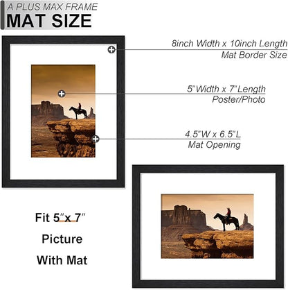 A PLUS MAX 8x10 Picture Frame, Engineered Wood Frame Display Photo 5x7 with Mat or 8 x 10 without Mat, 8 by 10 Frame with Black Wood Grain for Wall - 1 Pack/Black/8"x10"