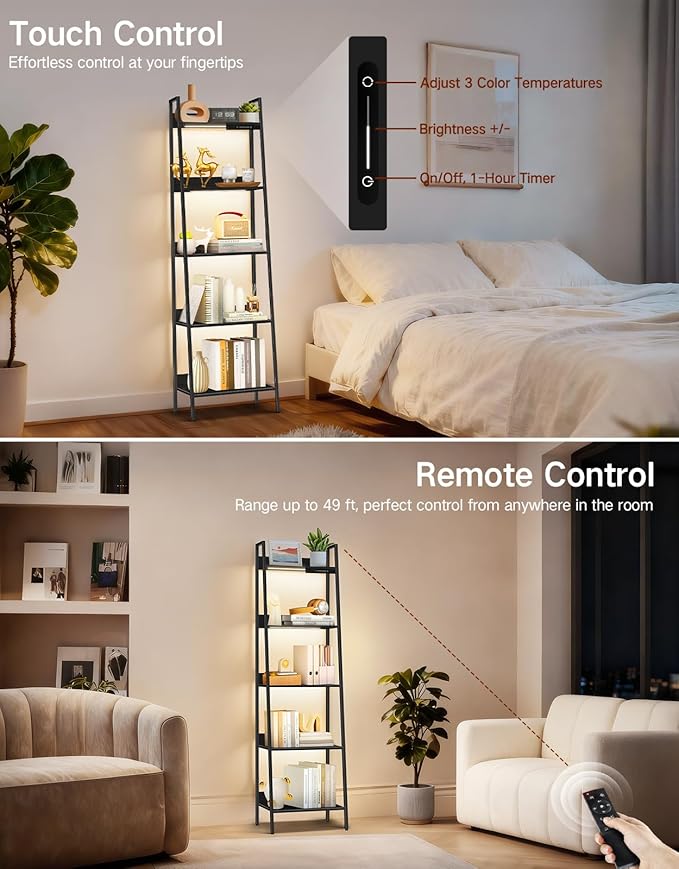 5-Tier Small Ladder Shelf with LED Lights, Touch & Remote Control, 3 Color Temperatures, Dimmable Tall Corner Standing Bookcase, Metal Wood Display Shelf for Living Room, Bedroom(Black)