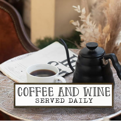 Coffee Bar Decor, Coffees Lover Home Kitchen Decor, Wood Decoration for Cafe Wine Bar Club, Decorative Wooden Table Sign, Coffee and Wine Served Daily Sign, 17.8x4x1.2 inches