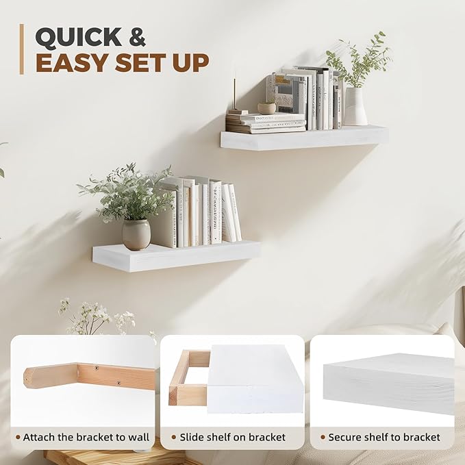 17x6.8x2 Inch Rustic Floating Shelves for Wall Set of 2 - White Solid Wood Wall Mounted Shelves with Invisible Bracket, Compact Design for Farmhouse Living Room Bedroom Kitchen Decor