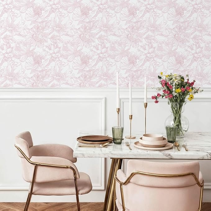 Ismoon Large Floral Peel and Stick Wallpaper Boho White/Pink Contact Paper 17.3inx6.5ft Removable Self Adhesive Bedroom Cabinet Mural Wall Decor Vinyl Roll