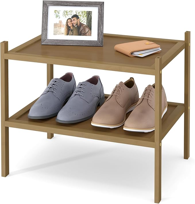 Smiry Bamboo Small Shoe Rack, 2 Tier Shoe Organizer for Entryway & Closet, Stackable Free Standing Storage Shelf for Shoes, Bags & Plants, Walnut