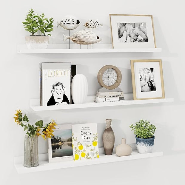 Axeman 36 Inch Floating Shelves | White Picture Ledge Shelf Set of 3 | Rustic Wood Wall Shelves with Lip | 36" White Picture Shelf for Wall with Ledge | Photo Shelves