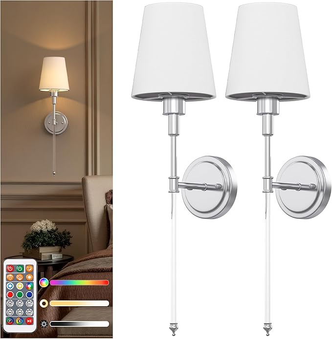 DORESshop Battery Operated Wall Sconce Set of 2, Wall Light Wireless Easy Install, Dimmable and Adjustable Sconce Wall Decor, Rechargeable Wall Lamp for Bedroom, Living Room, Chrome and Glass 24.6in