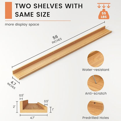 Picture Ledge Shelf, Floating Shelves Set of 2, 56 Inches Long Large Nursery Book Shelves for Toys Storage, Kids Bookshelf Wall Mounted for Living Room Bedroom Decor Books Photo Frames, Natural Oak