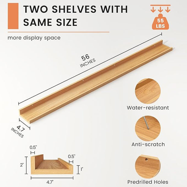 Picture Ledge Shelf, Floating Shelves Set of 2, 56 Inches Long Large Nursery Book Shelves for Toys Storage, Kids Bookshelf Wall Mounted for Living Room Bedroom Decor Books Photo Frames, Natural Oak