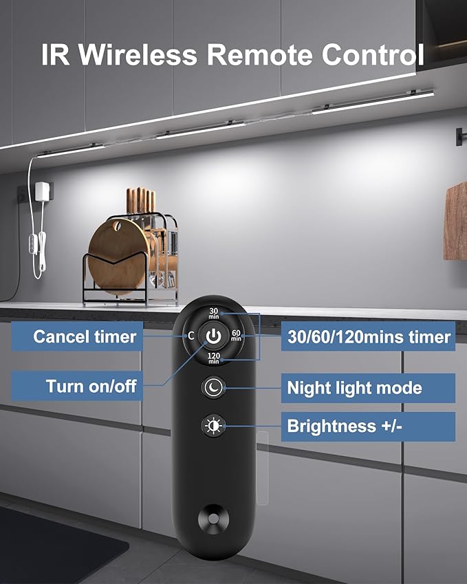 Remote Control Under Cabinet Led Light Plug in, Dimmable Daylight White 4500K, 3 Pack 12 inch Linkable Under Counter Lights for Kitchen Upgrade ETL Listed Plug 24V, UNO-LK 4500K