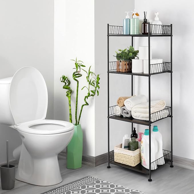 OYEAL Bathroom Shelves Freestanding Bathroom Towel Storage 4 Tier Wire Shelving Unit Bathroom Standing Shelf Floor Organizer for Pantry Kitchen Laundry Room Organization, Black